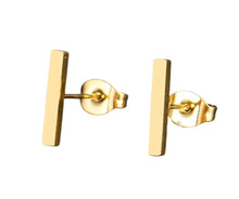 Load image into Gallery viewer, Dash Earring studs in Gold are non-tarnish/waterproof, hypoallergenic, stainless steel earrings. Wear them and leave them on without worrying about having to take them out.