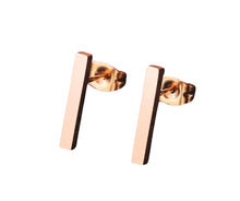 Load image into Gallery viewer, Dash Earring studs in Rose Gold are non-tarnish/waterproof, hypoallergenic, stainless steel earrings. Wear them and leave them on without worrying about having to take them out.
