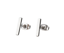 Load image into Gallery viewer, Dash Earring studs in Silver are non-tarnish/waterproof, hypoallergenic, stainless steel earrings. Wear them and leave them on without worrying about having to take them out.