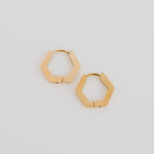 Load image into Gallery viewer, These are the geometric hexagon earrings you will want for everyday wear. Leave them on and forget it. Do not worry if you forget to change them or take them. These are the waterproof earrings you will love. Not only are they tarnish resistant, they are also hypoallergenic making it safe for anyone to wear.