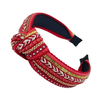 Load image into Gallery viewer, Red Beaded Top Knot Headband is the perfect hair accessory to elevate your look!