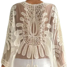 Load image into Gallery viewer, Gorgeous Lacey Cover Shawl with a beautiful print. It wears loose, delicate and femininely. Can be used in so many ways.