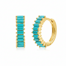 Load image into Gallery viewer, Turquoise Crystals Sterling Silver Huggie earrings make them the perfect look for a small and elegant look.
