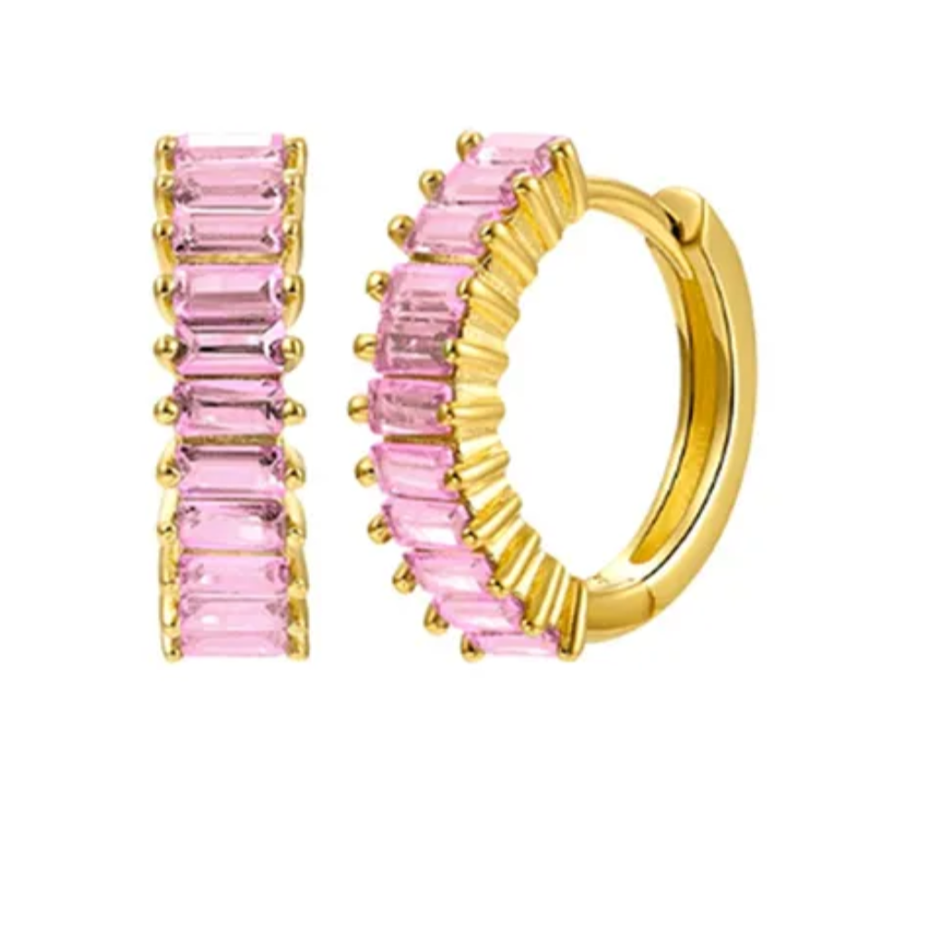 Pink Crystals with Gold plated on Sterling Silver Huggie earrings make them the perfect look for a small and elegant look.