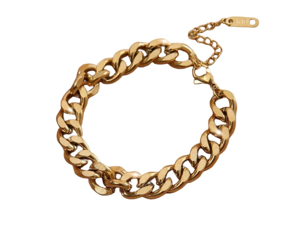 This Chunky Gold Bracelet is sure to give you a statment with or without an accompanying wrist accessory. It stands on its own or compliments by being layer or added with a watch. 